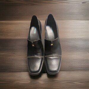 NICOLE Black Leather Block Heels SILVIUS Womens 7M Dress Shoes Brazil Slip On